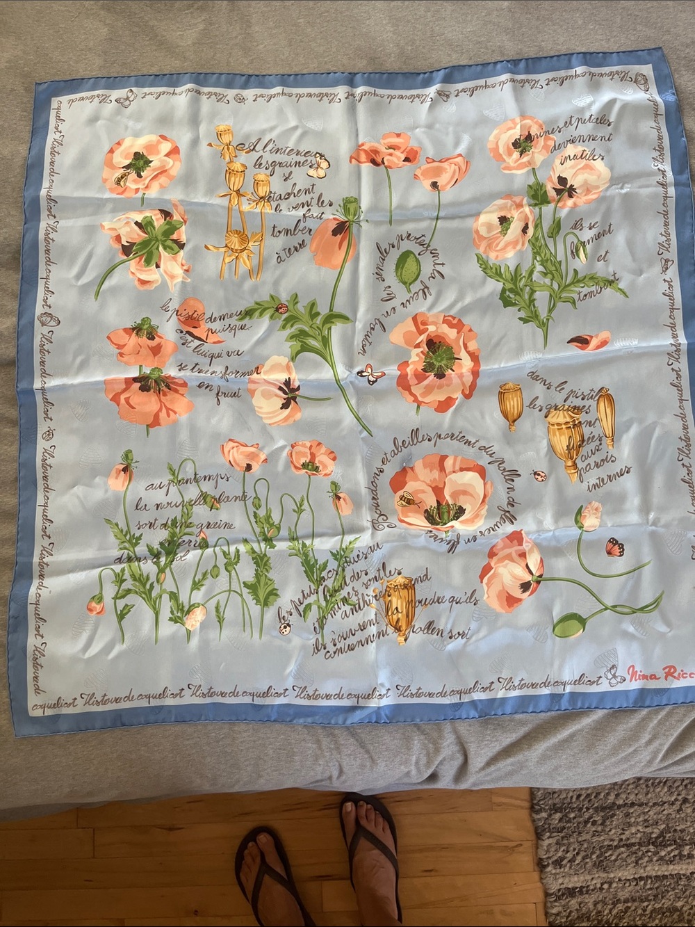 Nina Ricci Blue Scarf with Coral Floral Poppies